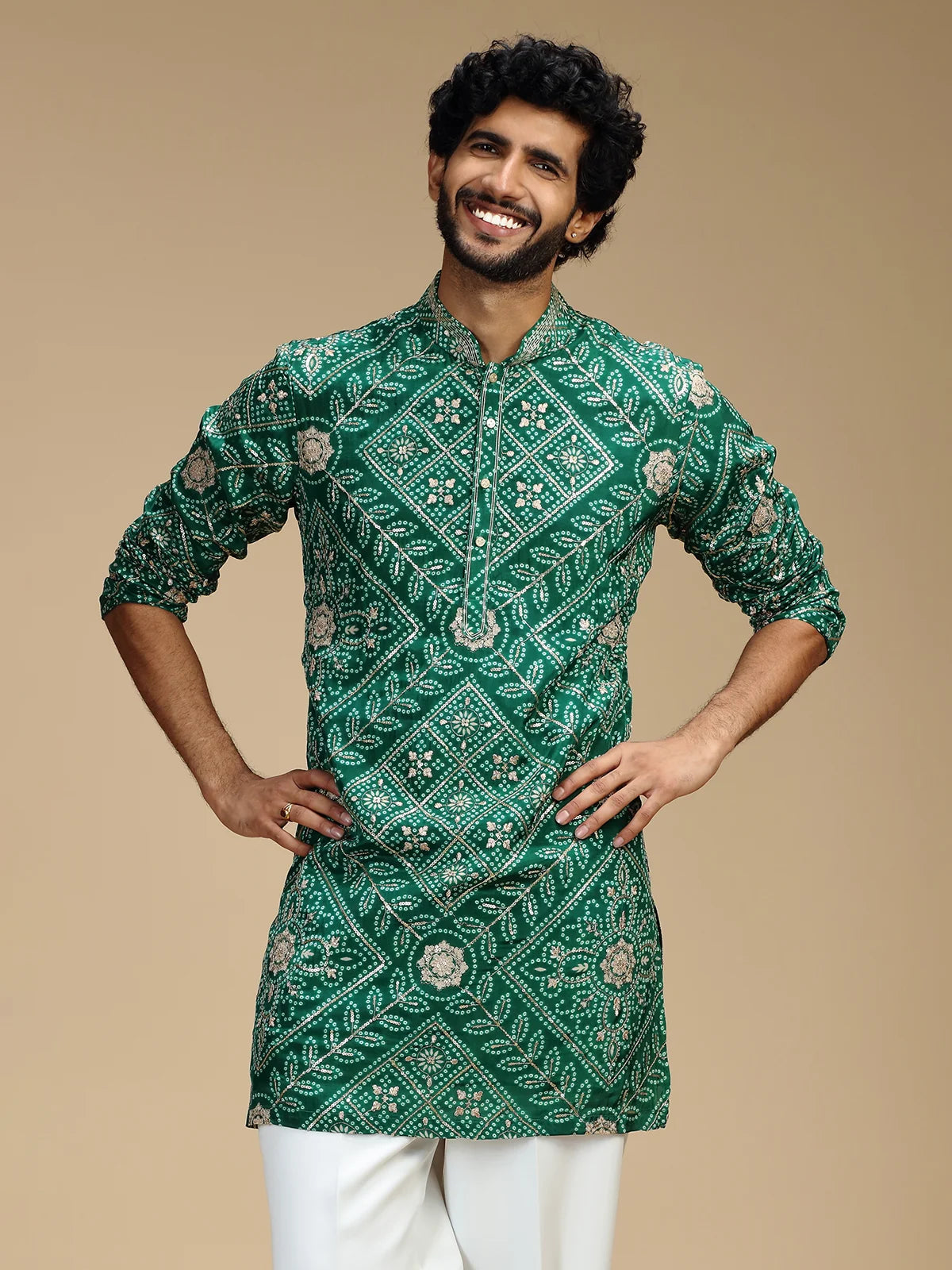 Green Embroidered Kurta Pant Set for Men with Mandarin Collar