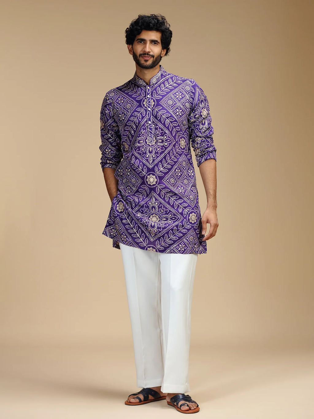 Purple Embroidered Kurta Pant Set for Men with Mandarin Collar