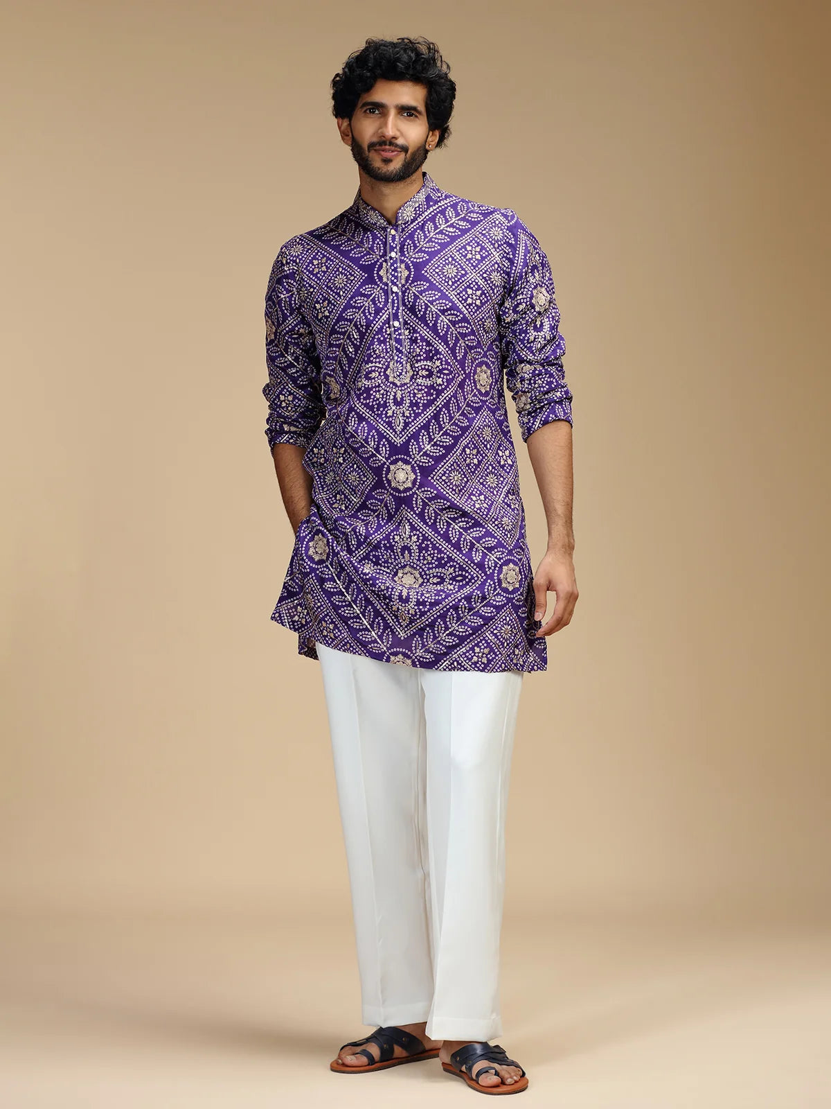 Purple Embroidered Kurta Pant Set for Men with Mandarin Collar
