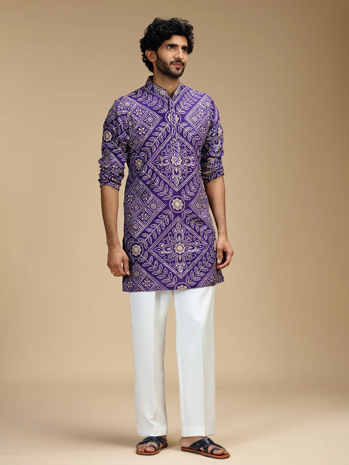 Purple Embroidered Kurta Pant Set for Men with Mandarin Collar
