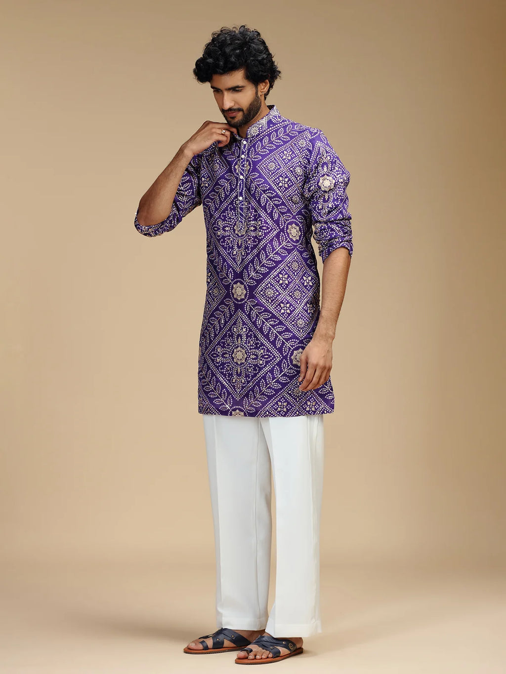 Purple Embroidered Kurta Pant Set for Men with Mandarin Collar