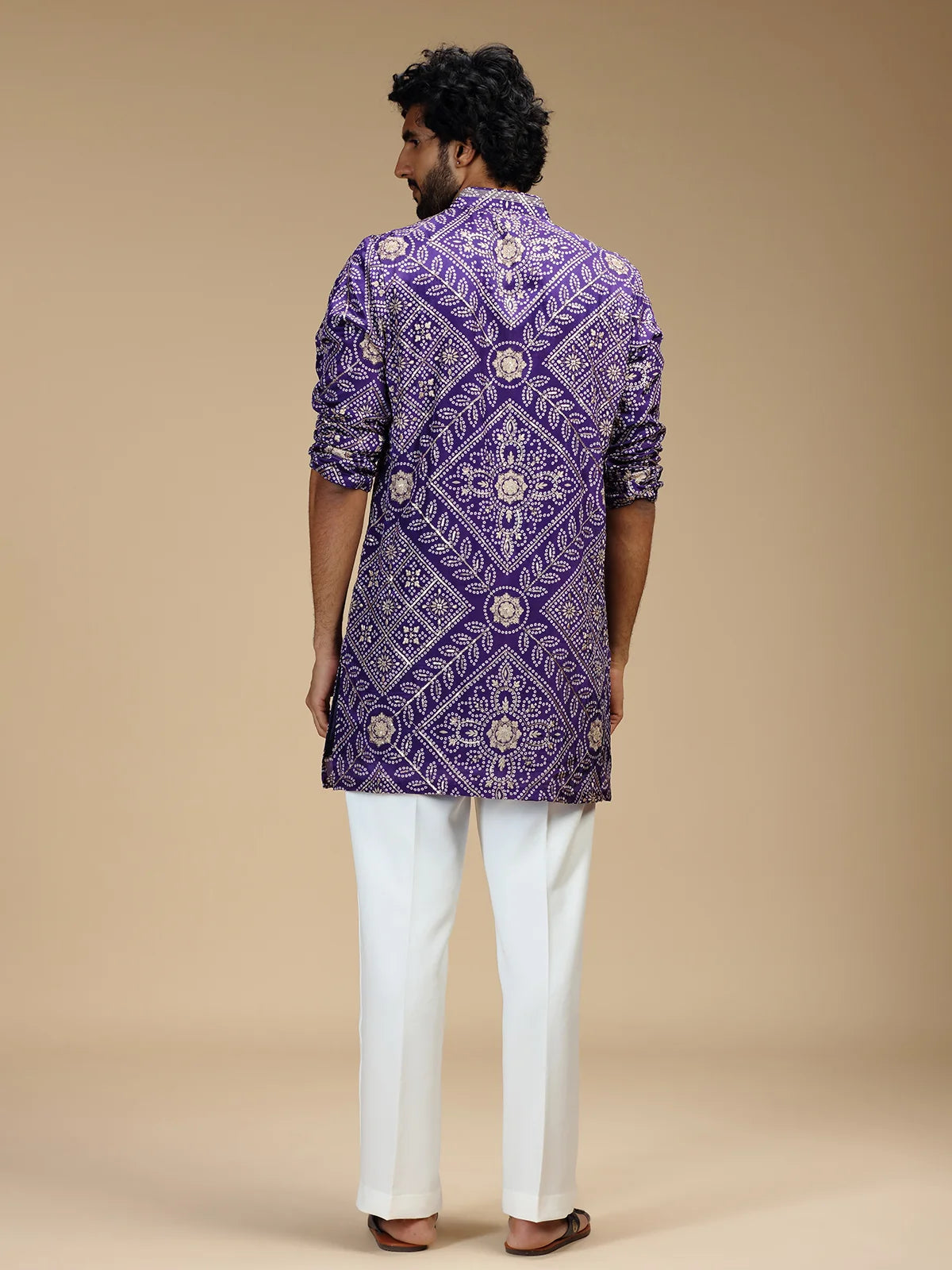 Purple Embroidered Kurta Pant Set for Men with Mandarin Collar