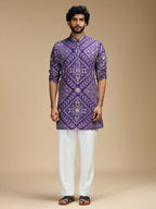 Purple Embroidered Kurta Pant Set for Men with Mandarin Collar