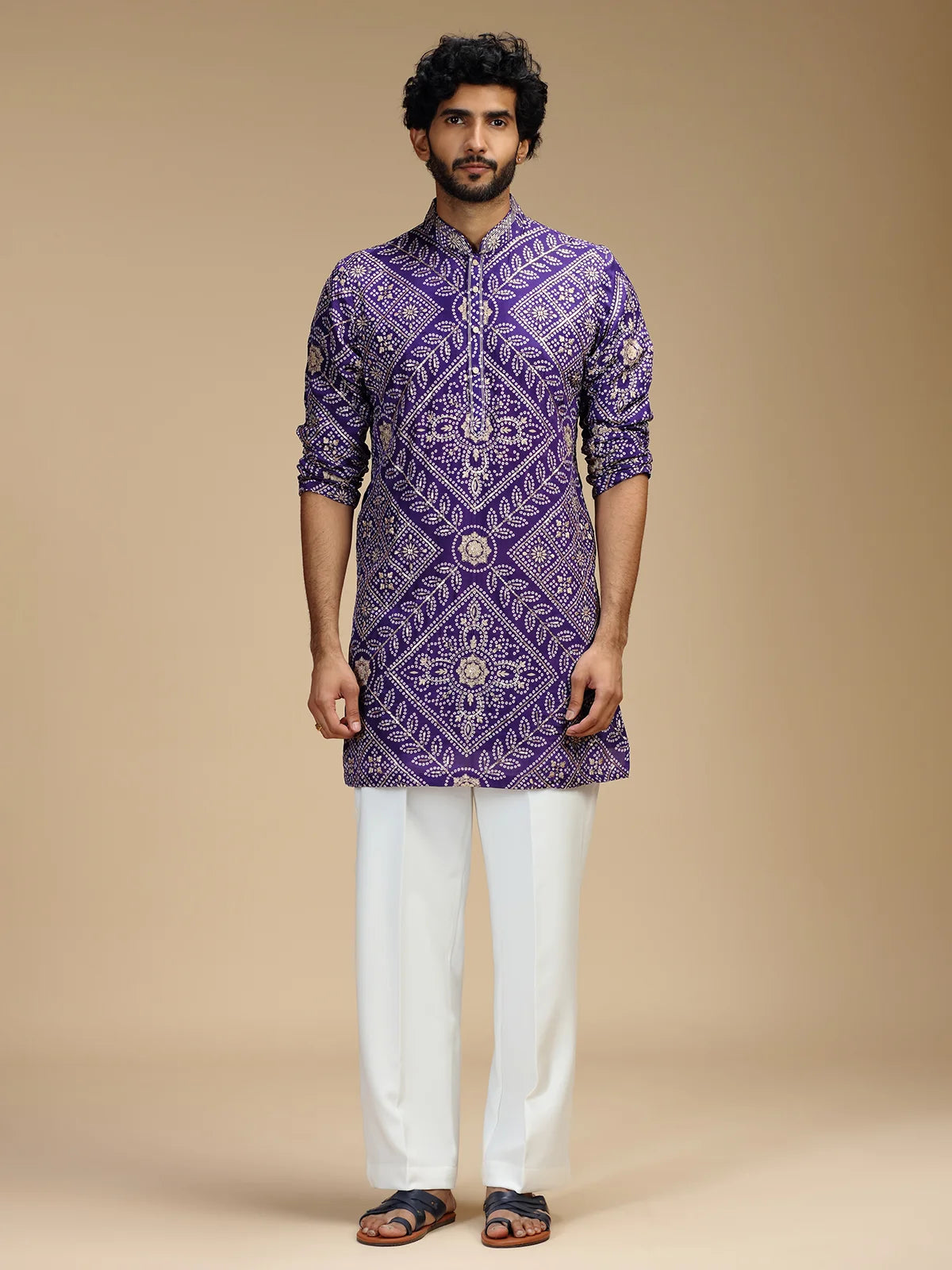 Purple Embroidered Kurta Pant Set for Men with Mandarin Collar