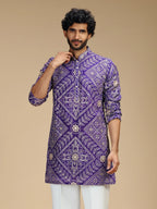 Purple Embroidered Kurta Pant Set for Men with Mandarin Collar