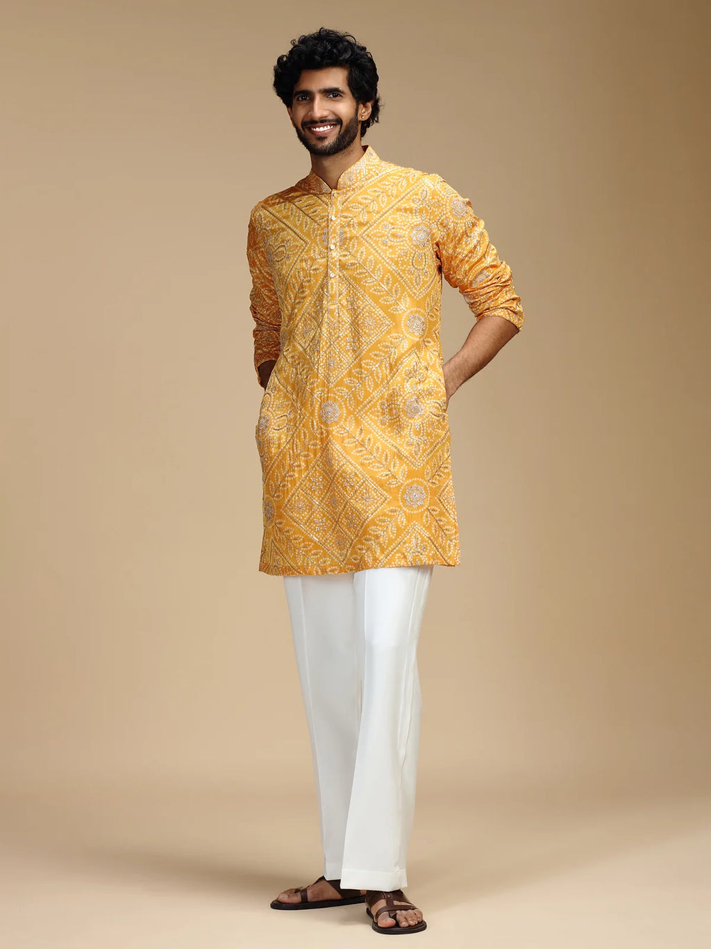Yellow Embroidered Kurta Pant Set for Men with Mandarin Collar