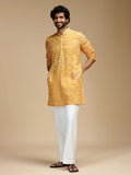 Yellow Embroidered Kurta Pant Set for Men with Mandarin Collar