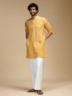 Yellow Embroidered Kurta Pant Set for Men with Mandarin Collar