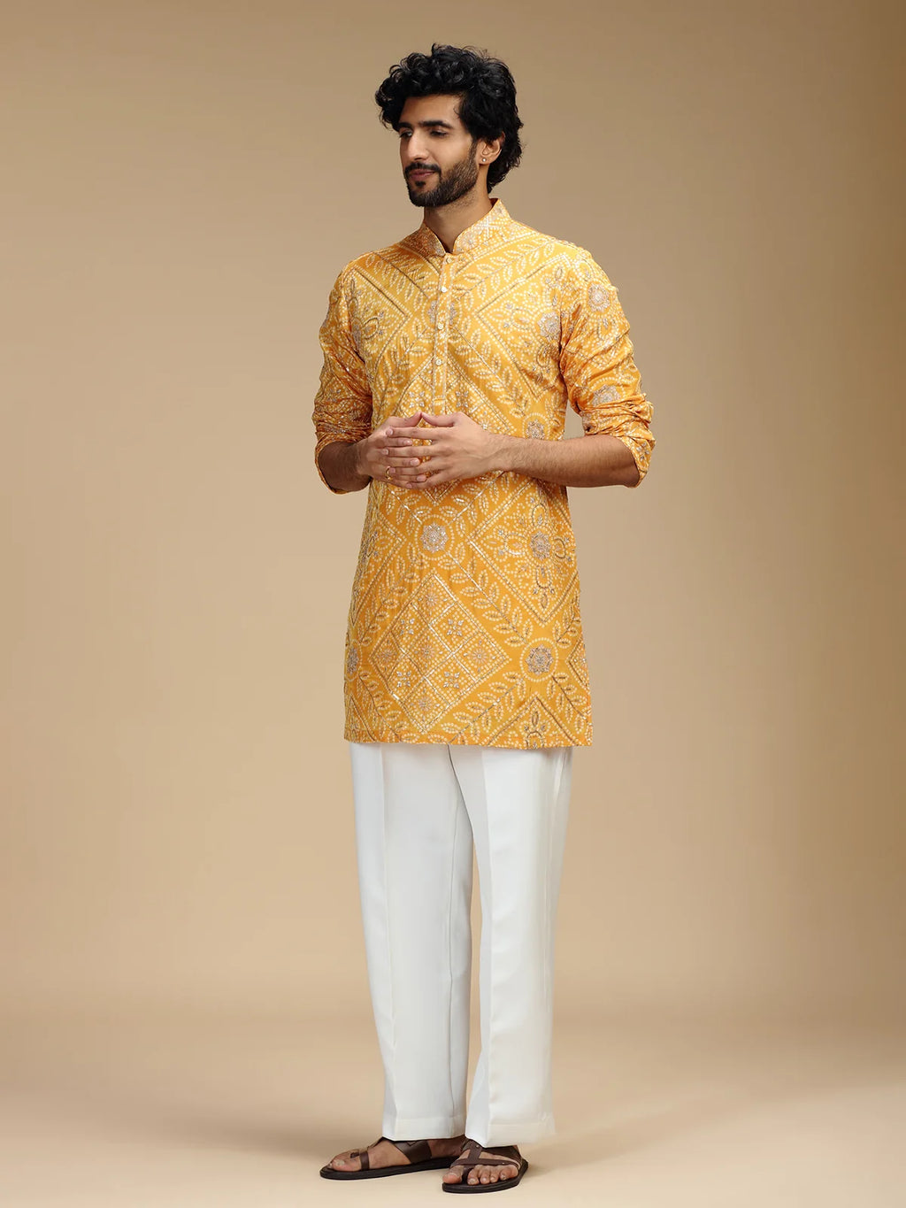 Yellow Embroidered Kurta Pant Set for Men with Mandarin Collar