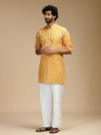 Yellow Embroidered Kurta Pant Set for Men with Mandarin Collar