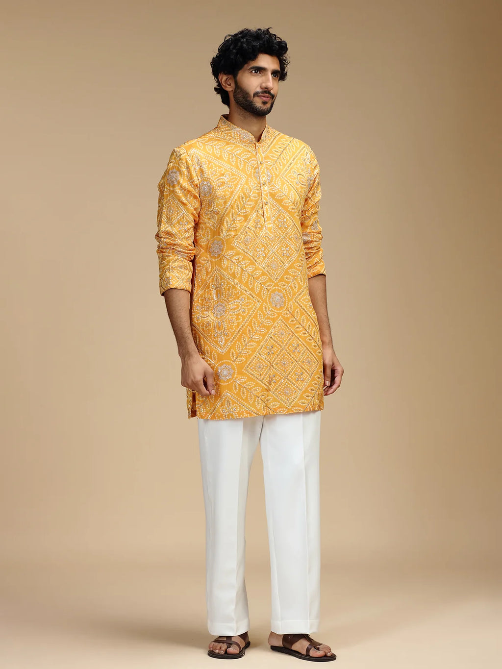 Yellow Embroidered Kurta Pant Set for Men with Mandarin Collar
