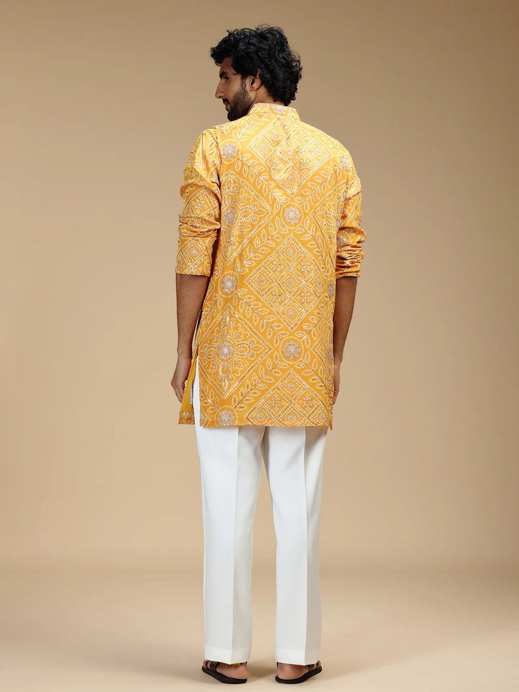 Yellow Embroidered Kurta Pant Set for Men with Mandarin Collar