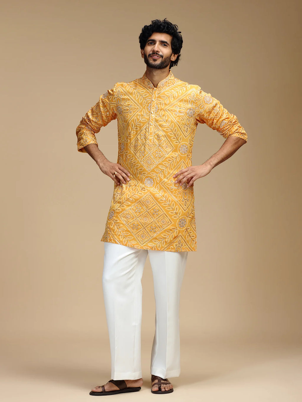 Yellow Embroidered Kurta Pant Set for Men with Mandarin Collar