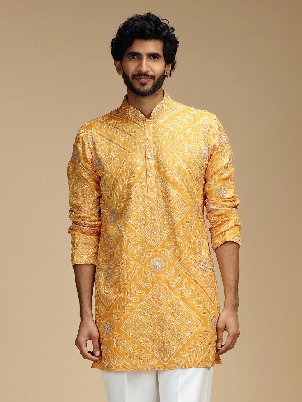 Yellow Embroidered Kurta Pant Set for Men with Mandarin Collar