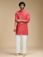 Red Embroidered Kurta Pant Set for Men with Mandarin Collar