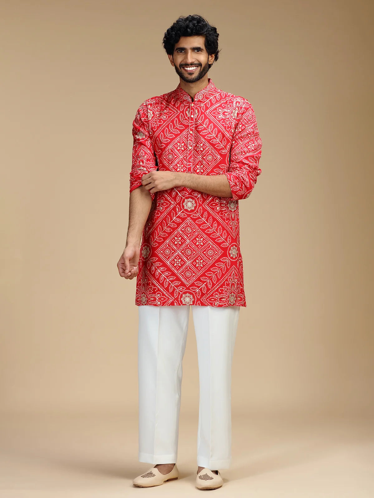 Red Embroidered Kurta Pant Set for Men with Mandarin Collar