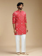 Red Embroidered Kurta Pant Set for Men with Mandarin Collar