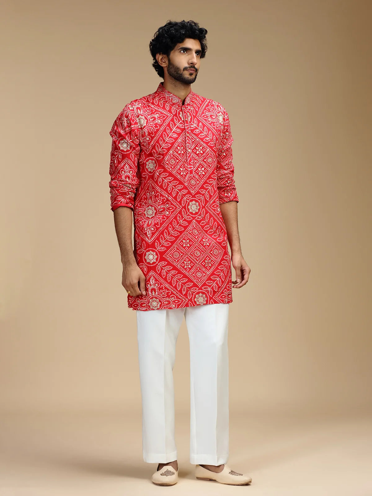 Red Embroidered Kurta Pant Set for Men with Mandarin Collar