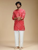 Red Embroidered Kurta Pant Set for Men with Mandarin Collar
