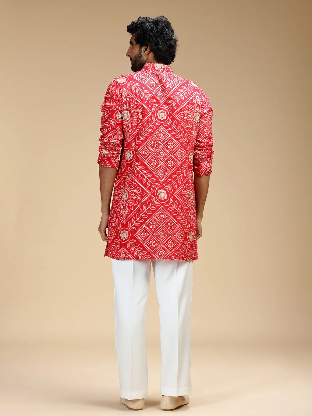 Red Embroidered Kurta Pant Set for Men with Mandarin Collar