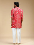 Red Embroidered Kurta Pant Set for Men with Mandarin Collar
