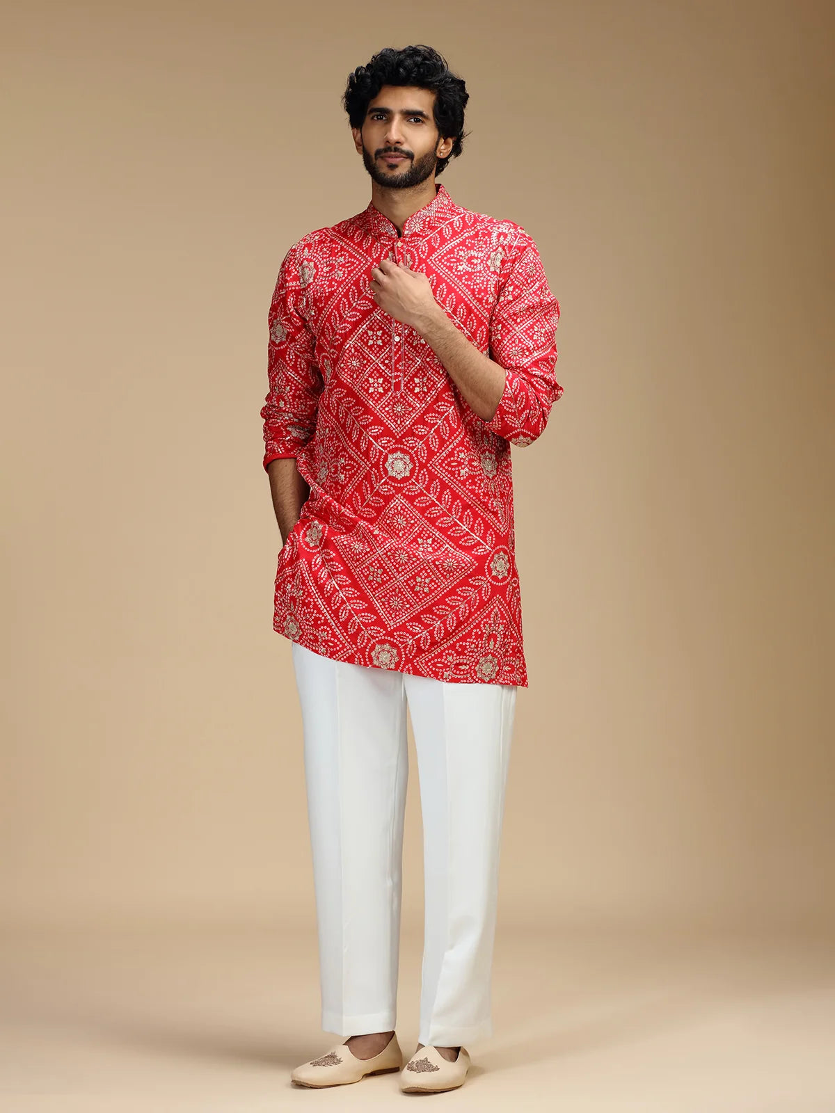 Red Embroidered Kurta Pant Set for Men with Mandarin Collar