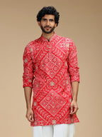 Red Embroidered Kurta Pant Set for Men with Mandarin Collar