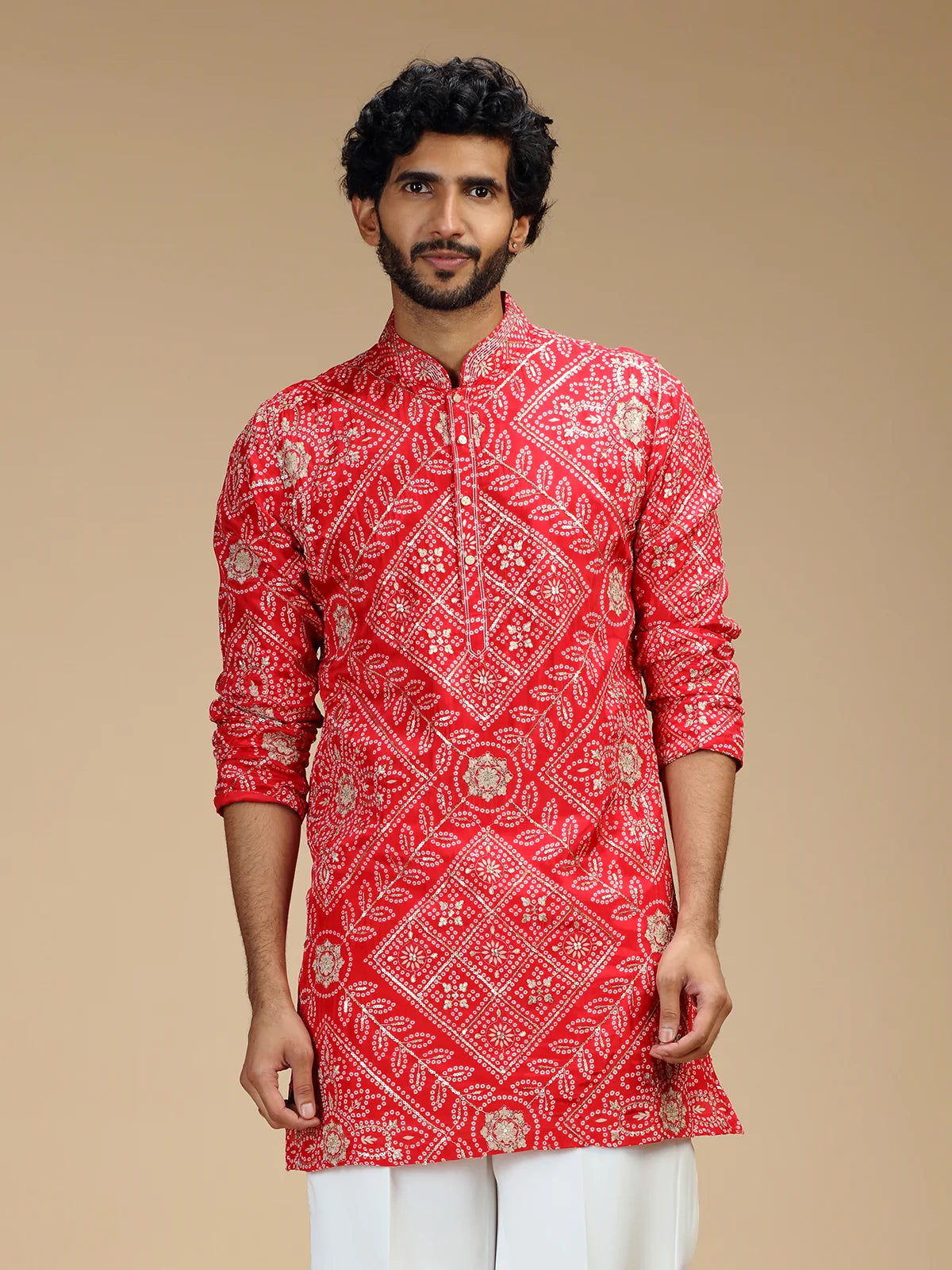 Red Embroidered Kurta Pant Set for Men with Mandarin Collar