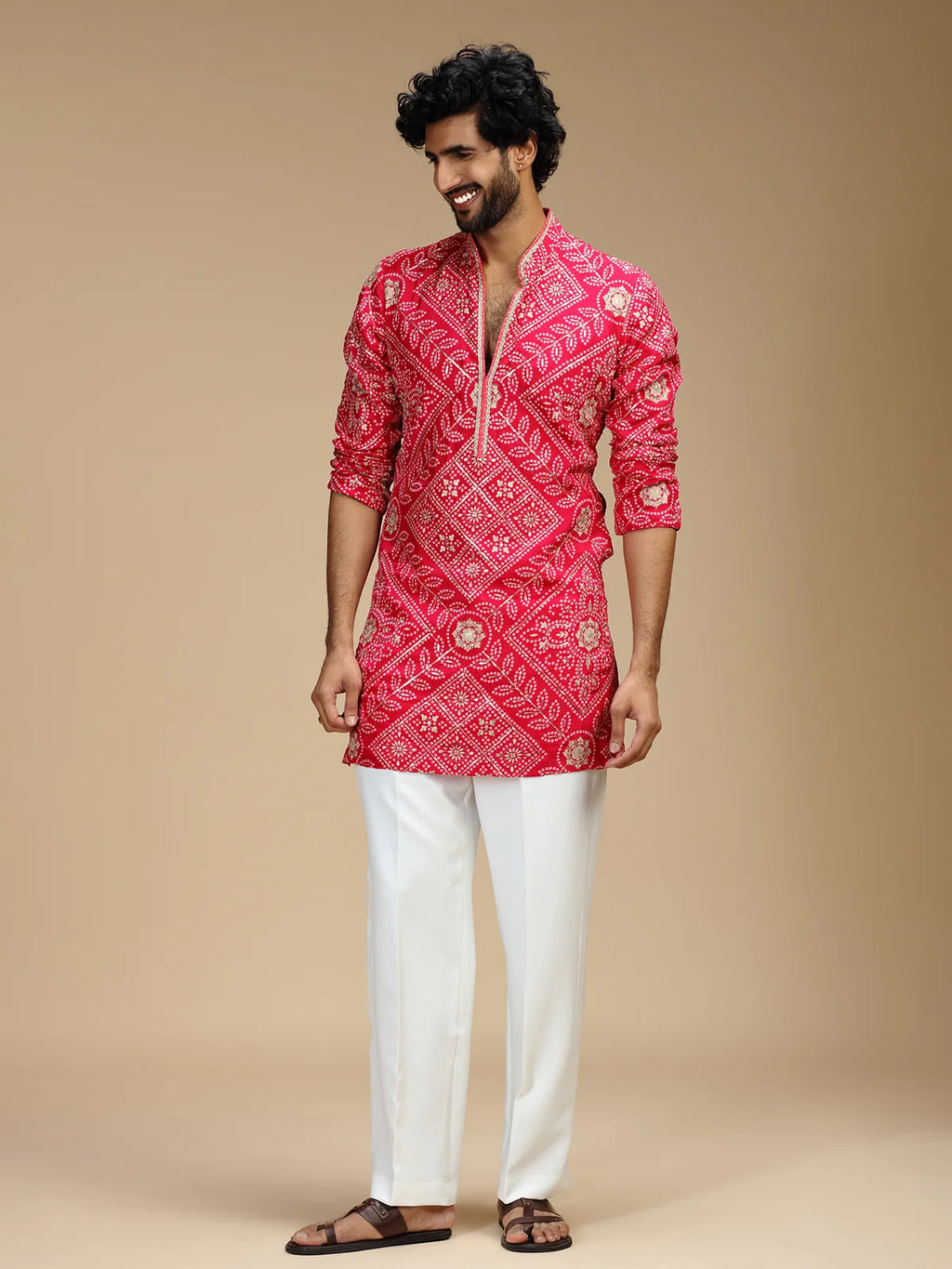 Cream Embroidered Kurta Pant Set for Men with Mandarin Collar