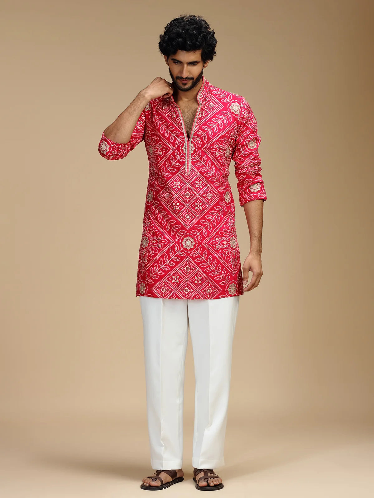 Cream Embroidered Kurta Pant Set for Men with Mandarin Collar