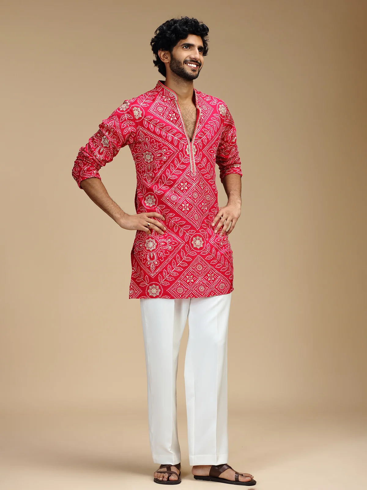 Cream Embroidered Kurta Pant Set for Men with Mandarin Collar