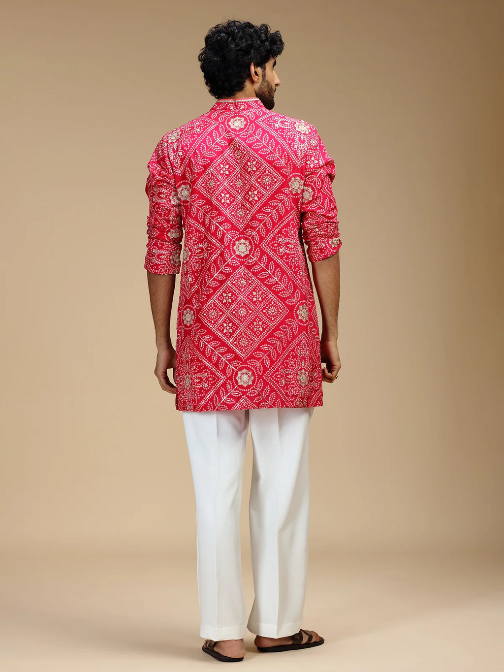 Cream Embroidered Kurta Pant Set for Men with Mandarin Collar