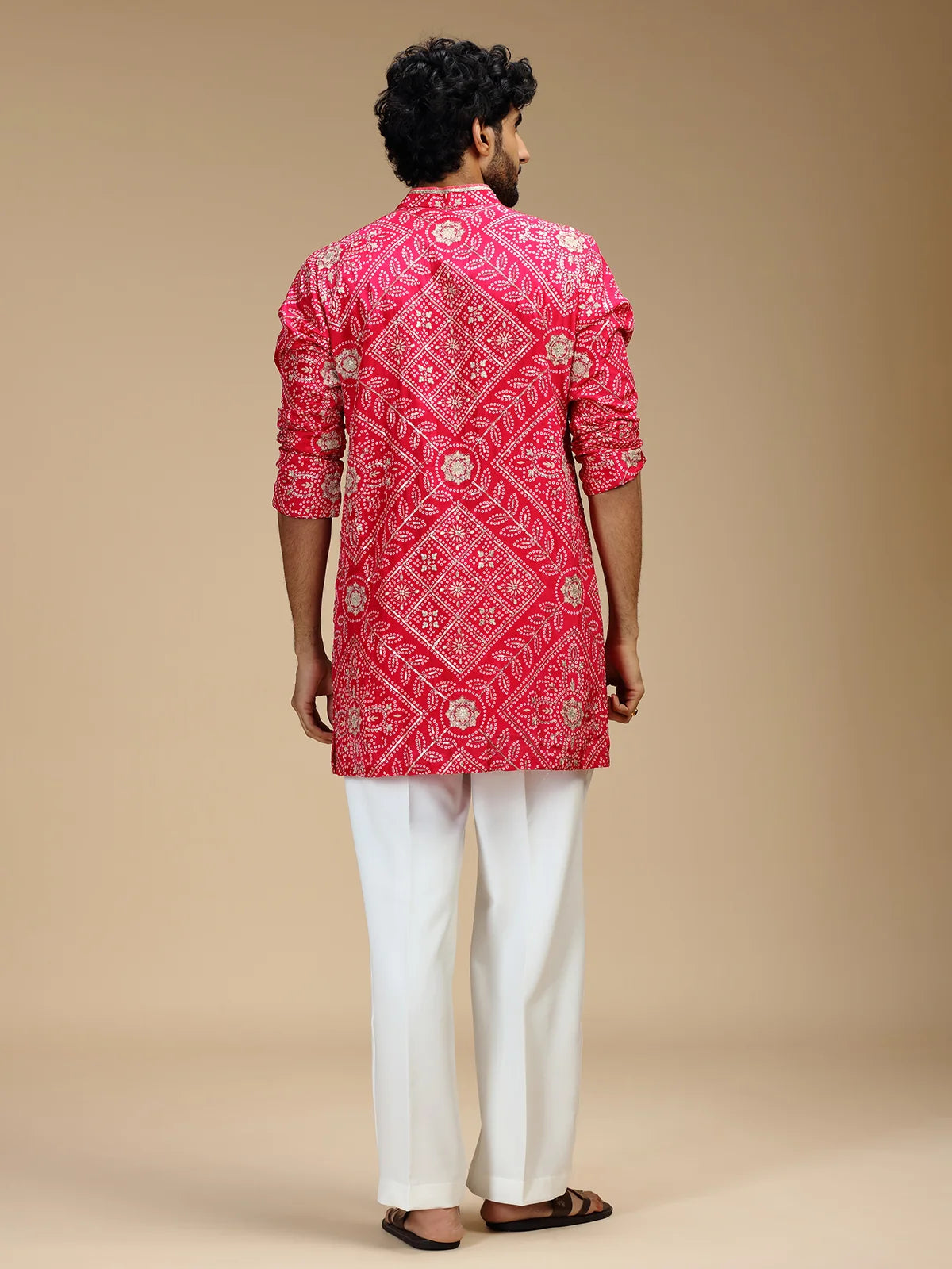Cream Embroidered Kurta Pant Set for Men with Mandarin Collar