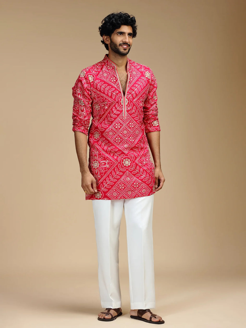 Cream Embroidered Kurta Pant Set for Men with Mandarin Collar