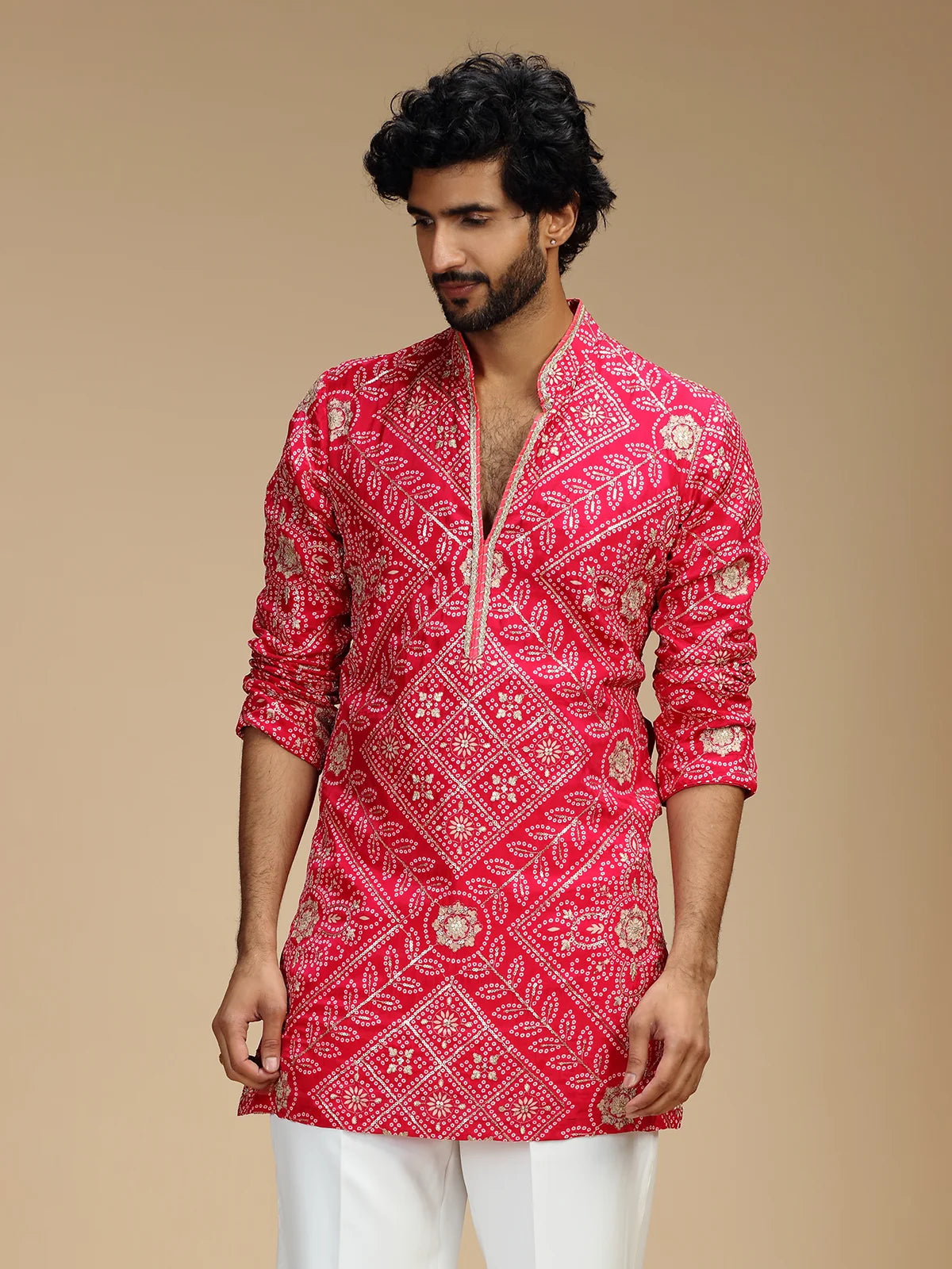 Cream Embroidered Kurta Pant Set for Men with Mandarin Collar