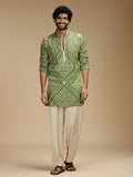 Pista Green Embroidered Kurta Pant Set for Men with Mandarin Collar
