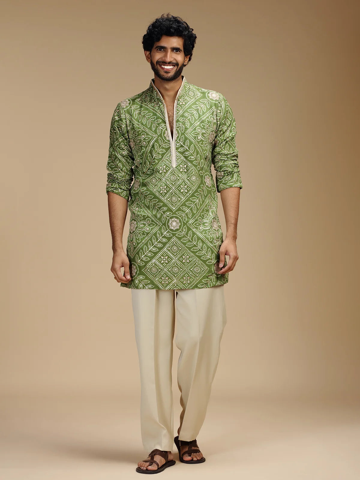 Pista Green Embroidered Kurta Pant Set for Men with Mandarin Collar