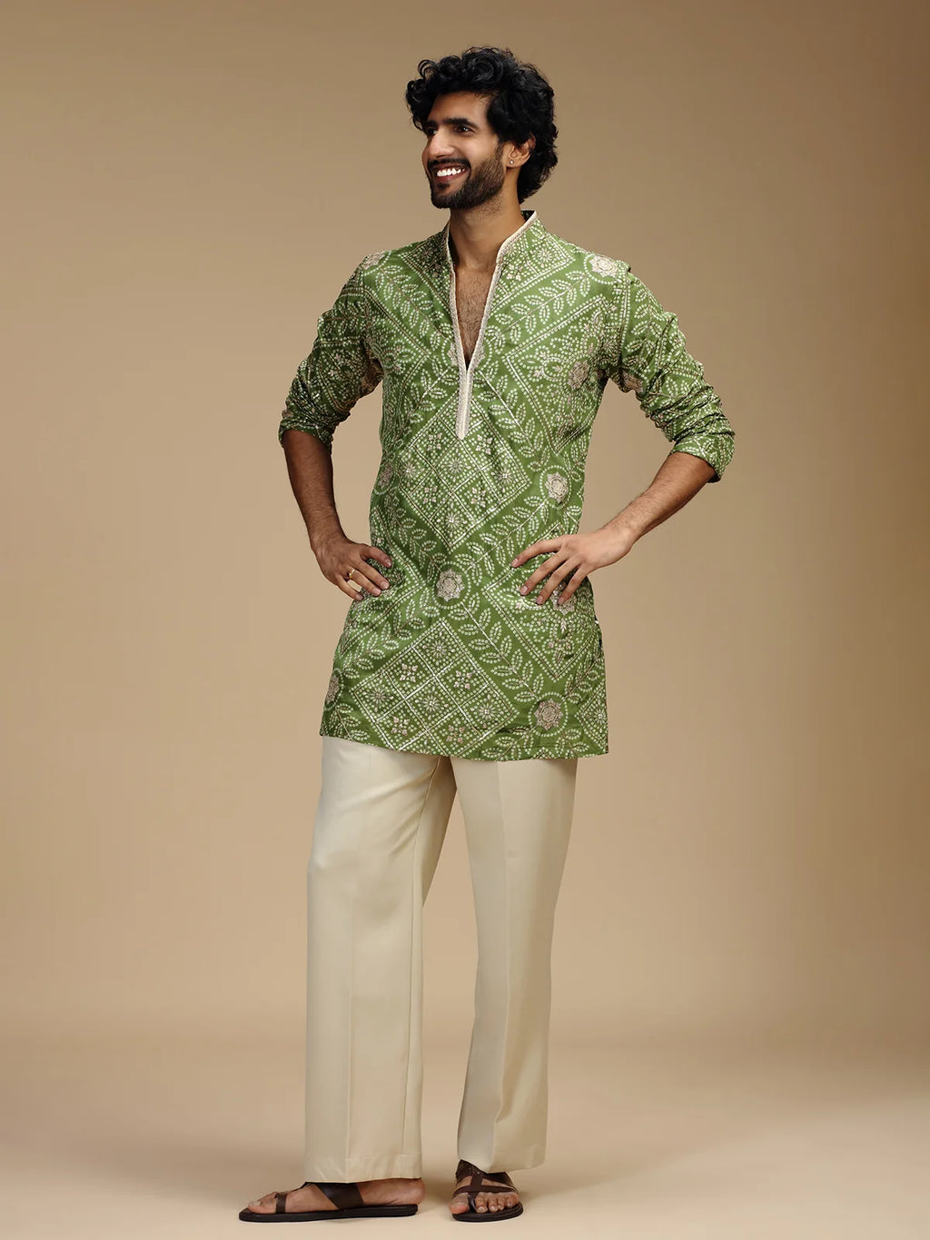 Pista Green Embroidered Kurta Pant Set for Men with Mandarin Collar