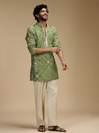 Pista Green Embroidered Kurta Pant Set for Men with Mandarin Collar