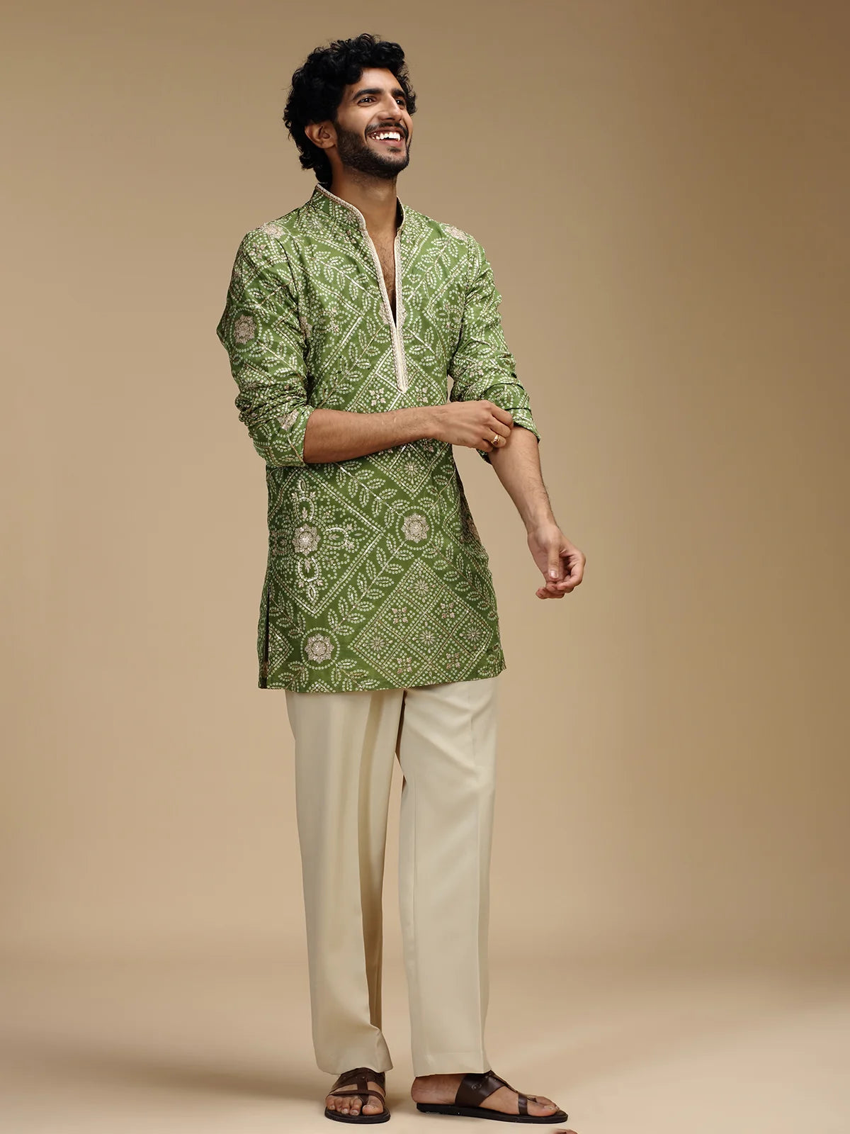 Pista Green Embroidered Kurta Pant Set for Men with Mandarin Collar