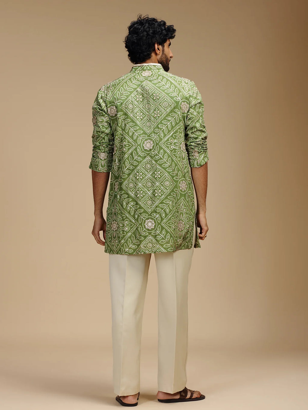 Pista Green Embroidered Kurta Pant Set for Men with Mandarin Collar
