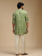 Pista Green Embroidered Kurta Pant Set for Men with Mandarin Collar