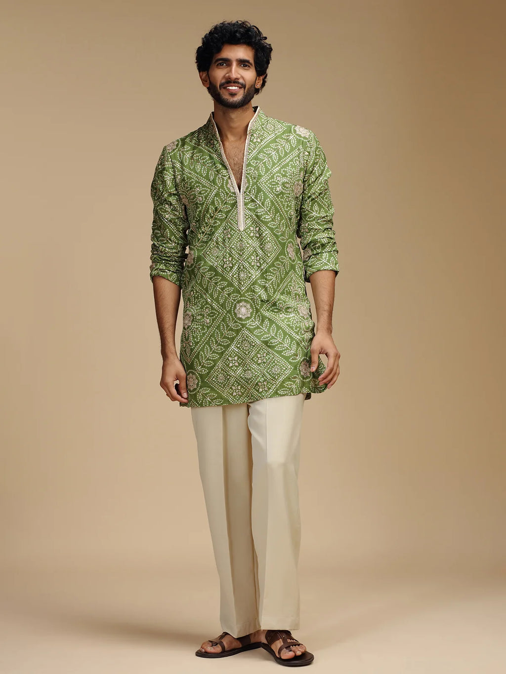 Pista Green Embroidered Kurta Pant Set for Men with Mandarin Collar