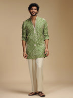 Pista Green Embroidered Kurta Pant Set for Men with Mandarin Collar