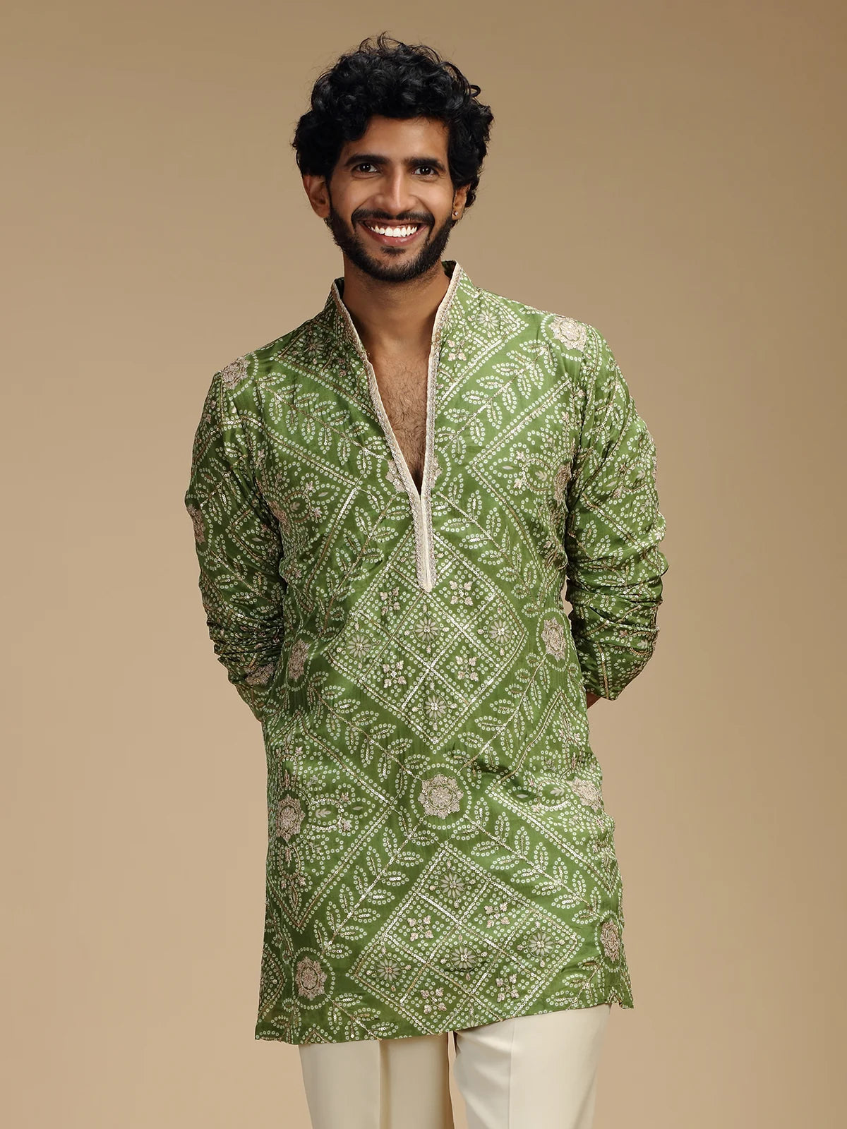 Pista Green Embroidered Kurta Pant Set for Men with Mandarin Collar