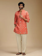 Orange Embroidered Kurta Pant Set for Men with Mandarin Collar