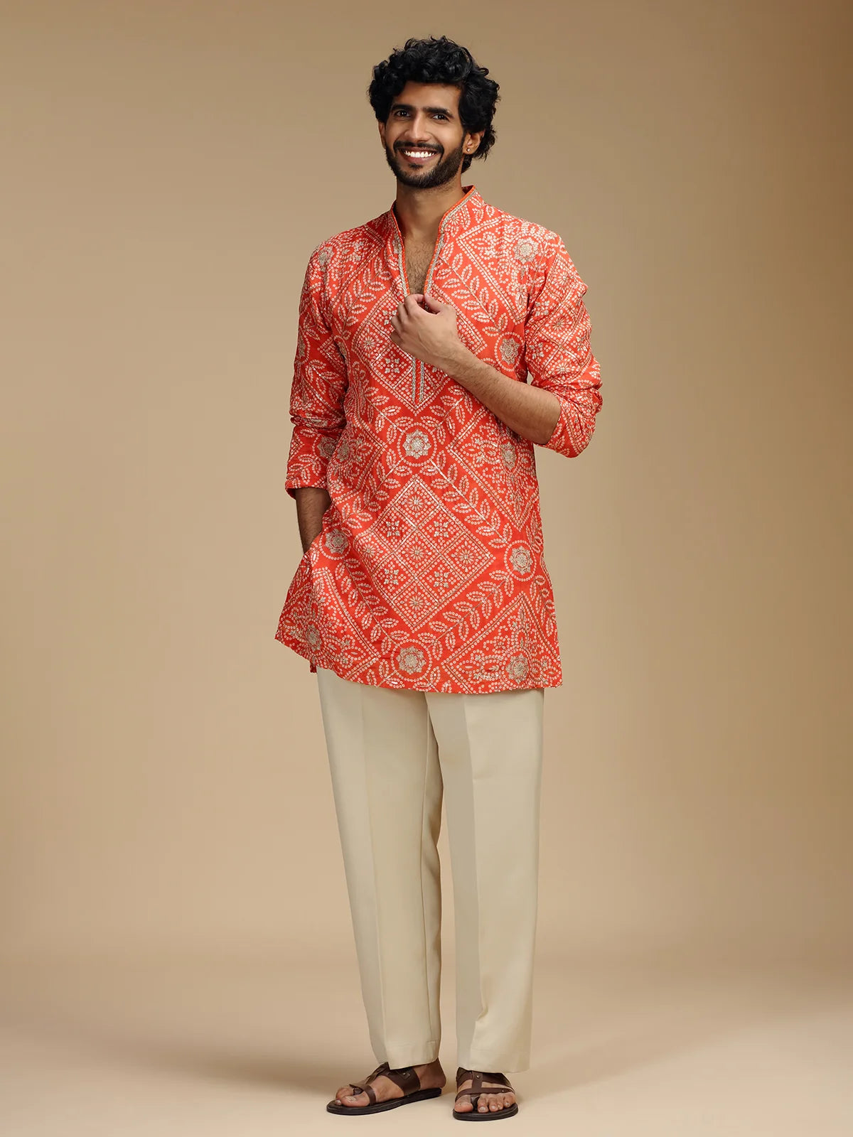 Orange Embroidered Kurta Pant Set for Men with Mandarin Collar