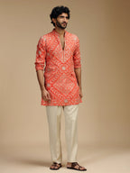 Orange Embroidered Kurta Pant Set for Men with Mandarin Collar