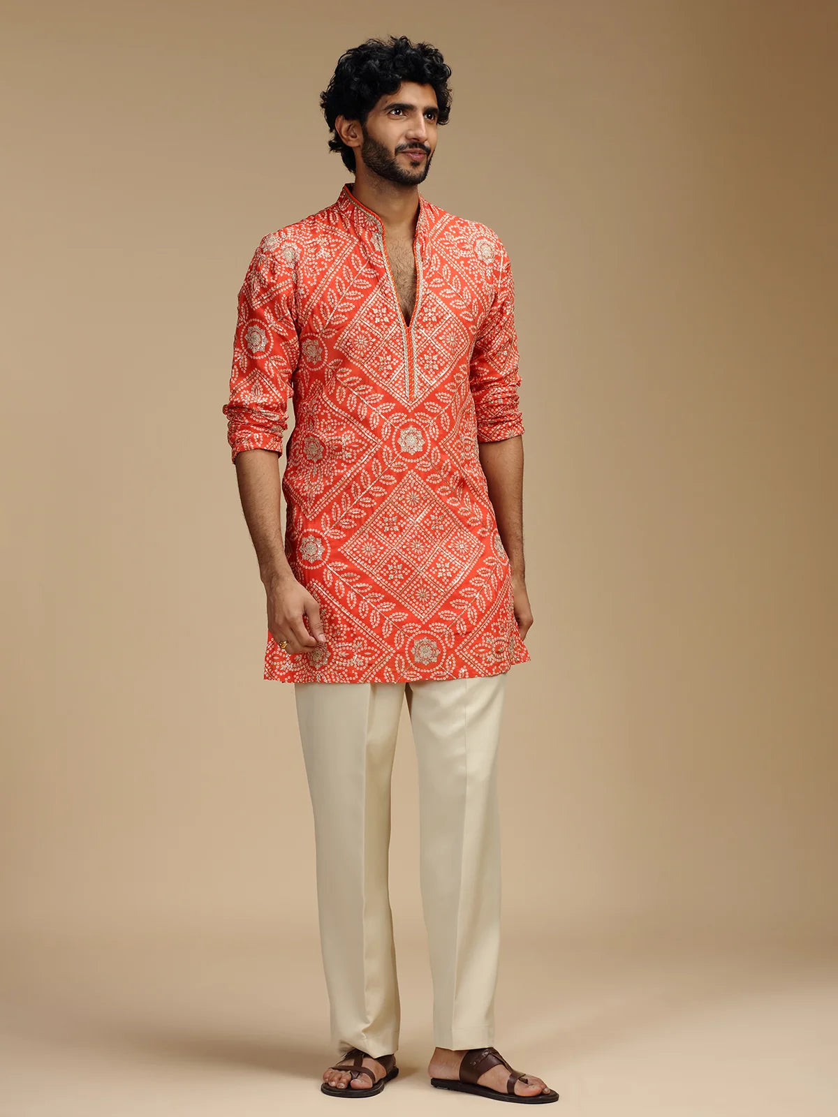 Orange Embroidered Kurta Pant Set for Men with Mandarin Collar