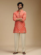 Orange Embroidered Kurta Pant Set for Men with Mandarin Collar